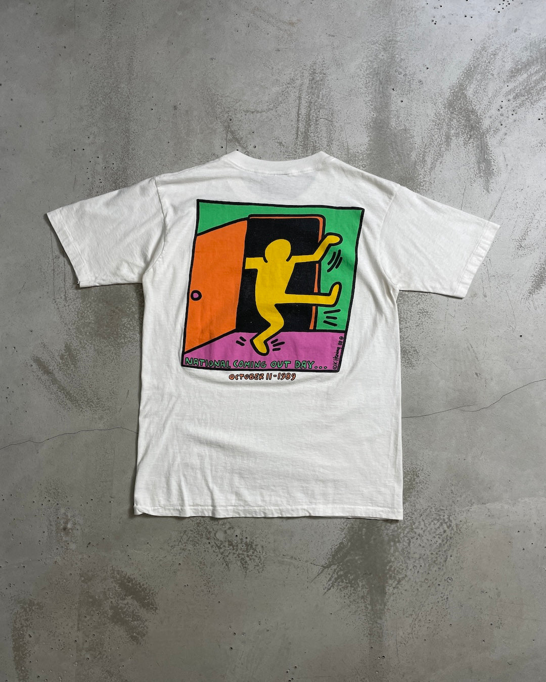 80's Keith Haring "National Coming Out Day" アートTシャツ 両面プリント 表記L USA製 キースへリング