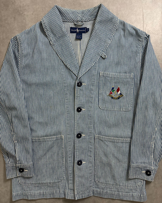 80's Ralph Lauren カバーオール ヒッコリーストライプ クロスフラッグ 表記S ラルフローレン ショールカラー 20周年記念