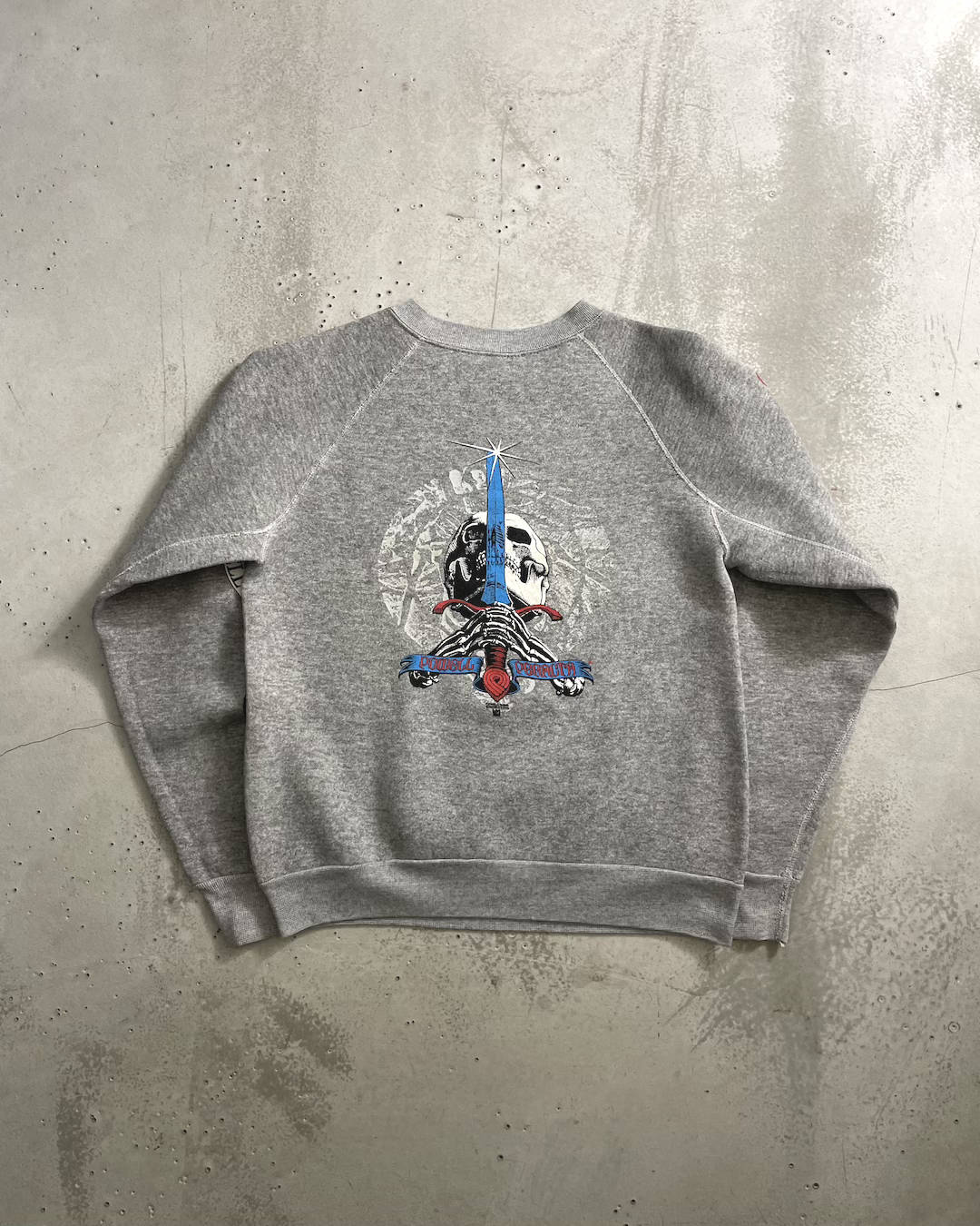 80's Powell Peralta "Skull & Sword" クルーネックスウェット 両面プリント USA製 パウエル スカルソード