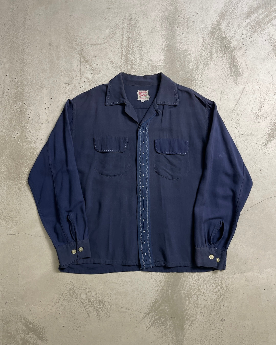 50's Vintage 長袖シャツ 開襟 ループカラー 単色 ハンドステッチ レーヨン フラップ ヴィンシャツ