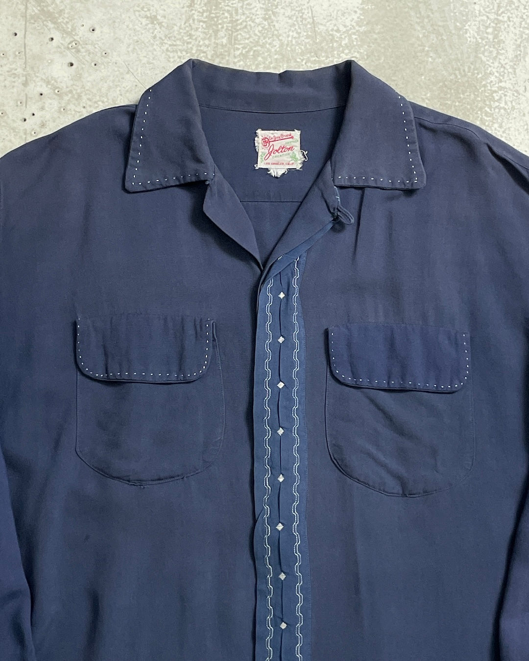 50's Vintage 長袖シャツ 開襟 ループカラー 単色 ハンドステッチ レーヨン フラップ ヴィンシャツ