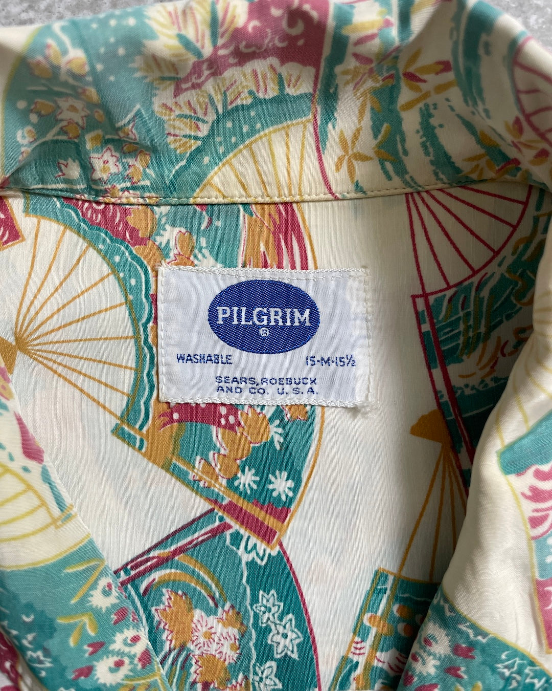 50's PILGRIM "SENSU" 扇子 長袖アロハシャツ ハワイアンシャツ 表記M USA製 開襟 ピルグリム 総柄 激レア
