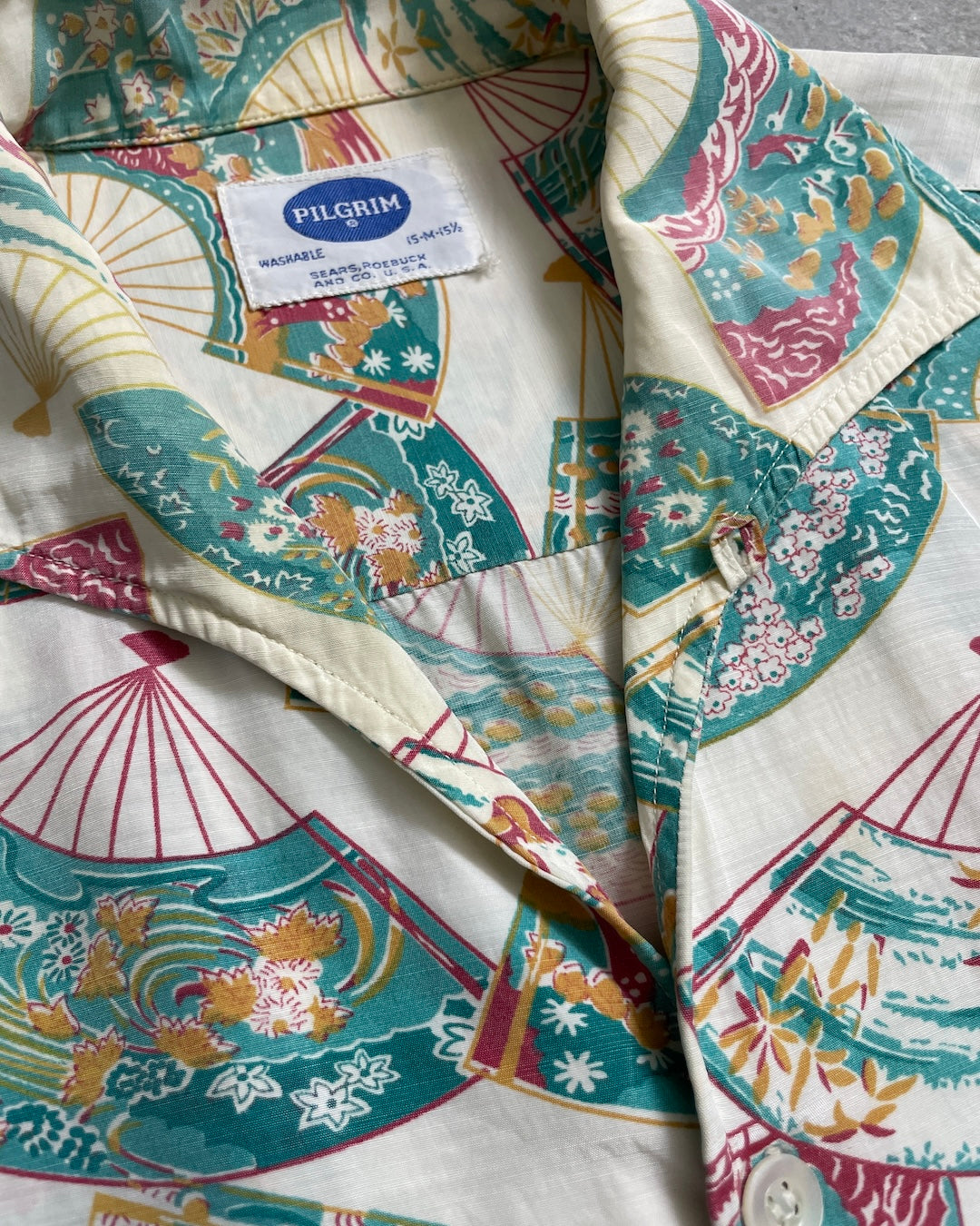 50's PILGRIM "SENSU" 扇子 長袖アロハシャツ ハワイアンシャツ 表記M USA製 開襟 ピルグリム 総柄 激レア