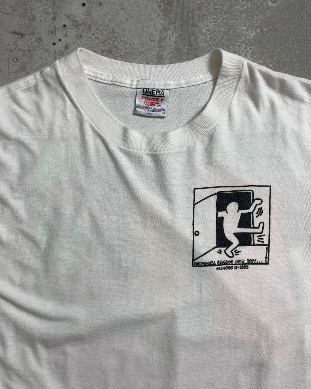 80's Keith Haring "National Coming Out Day" アートTシャツ 両面プリント 表記L USA製 キースへリング