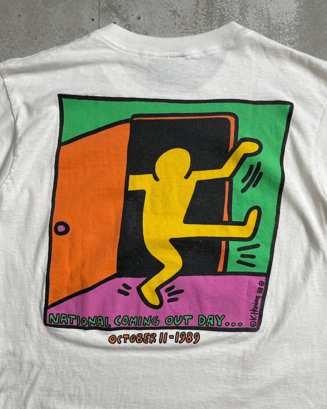 80's Keith Haring "National Coming Out Day" アートTシャツ 両面プリント 表記L USA製 キースへリング