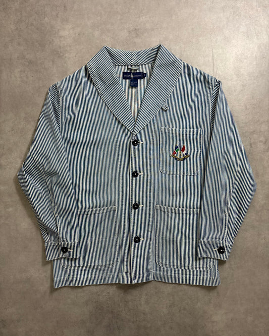80's Ralph Lauren カバーオール ヒッコリーストライプ クロスフラッグ 表記S ラルフローレン ショールカラー 20周年記念