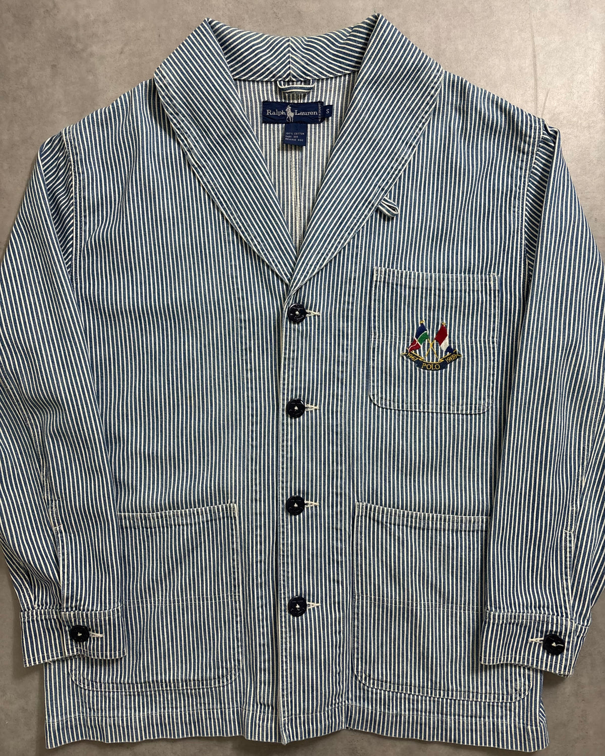 80's Ralph Lauren カバーオール ヒッコリーストライプ クロスフラッグ 表記S ラルフローレン ショールカラー 20周年記念
