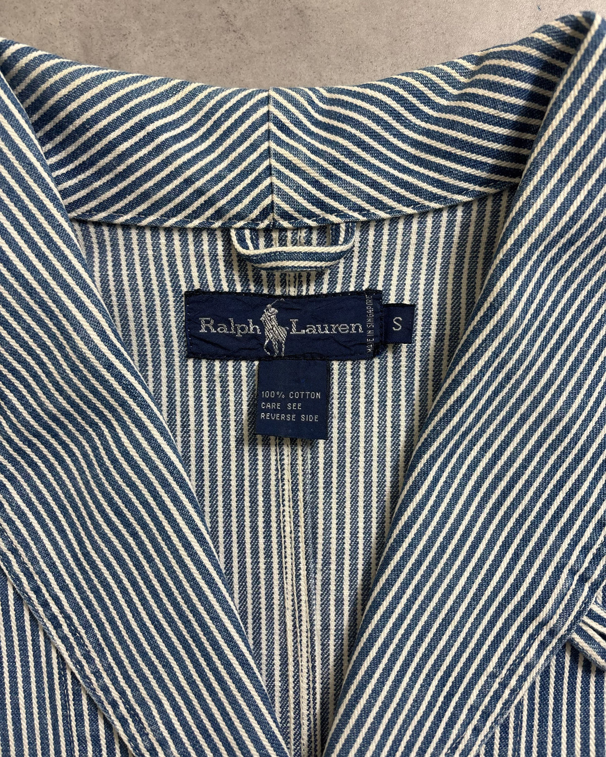 80's Ralph Lauren カバーオール ヒッコリーストライプ クロスフラッグ 表記S ラルフローレン ショールカラー 20周年記念