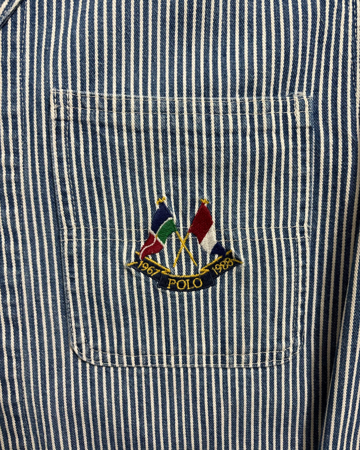 80's Ralph Lauren カバーオール ヒッコリーストライプ クロスフラッグ 表記S ラルフローレン ショールカラー 20周年記念