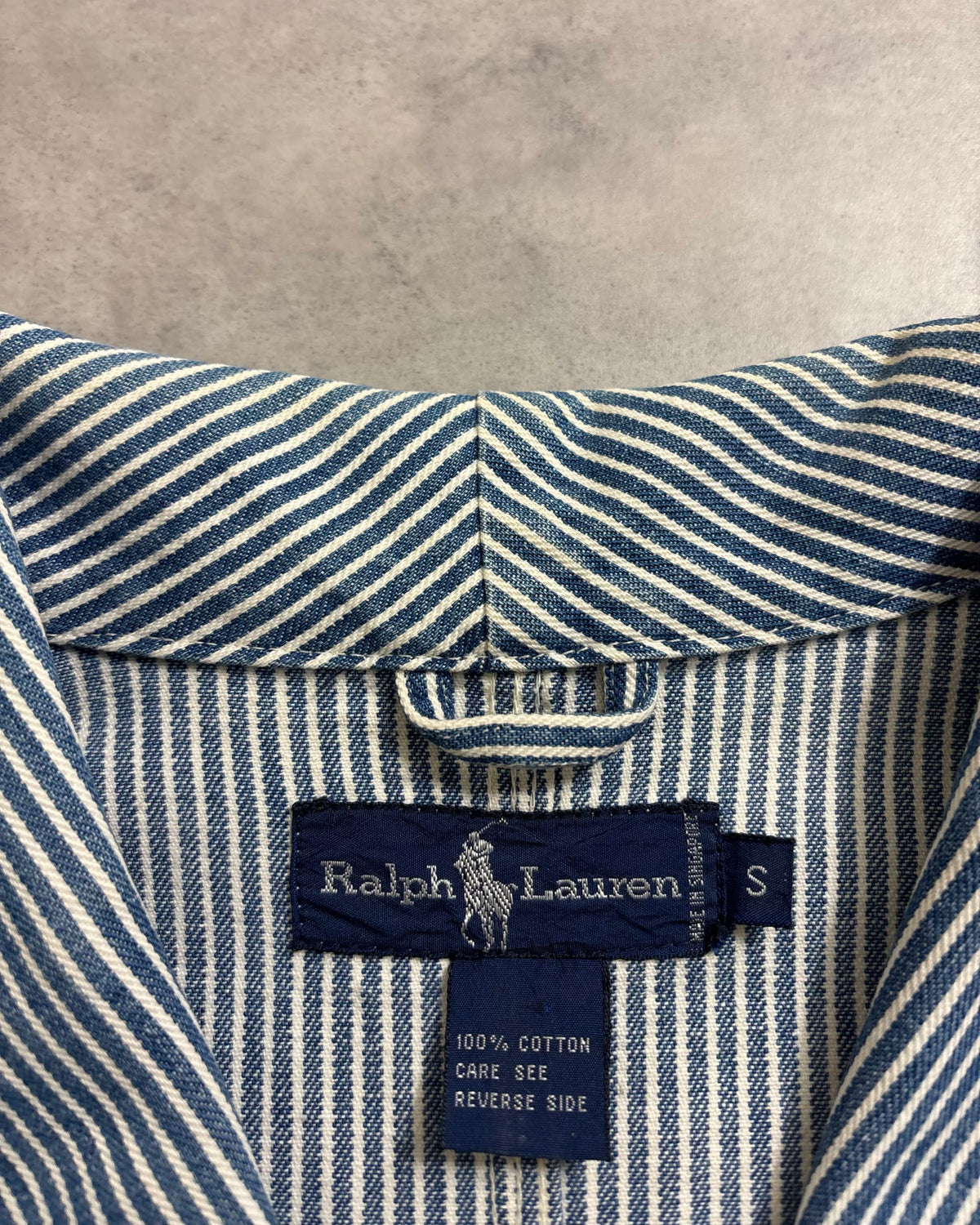 80's Ralph Lauren カバーオール ヒッコリーストライプ クロスフラッグ 表記S ラルフローレン ショールカラー 20周年記念