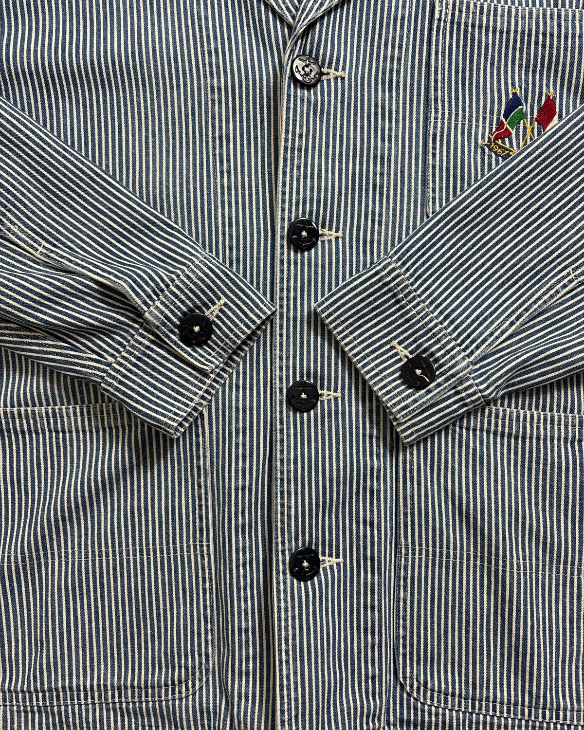 80's Ralph Lauren カバーオール ヒッコリーストライプ クロスフラッグ 表記S ラルフローレン ショールカラー 20周年記念